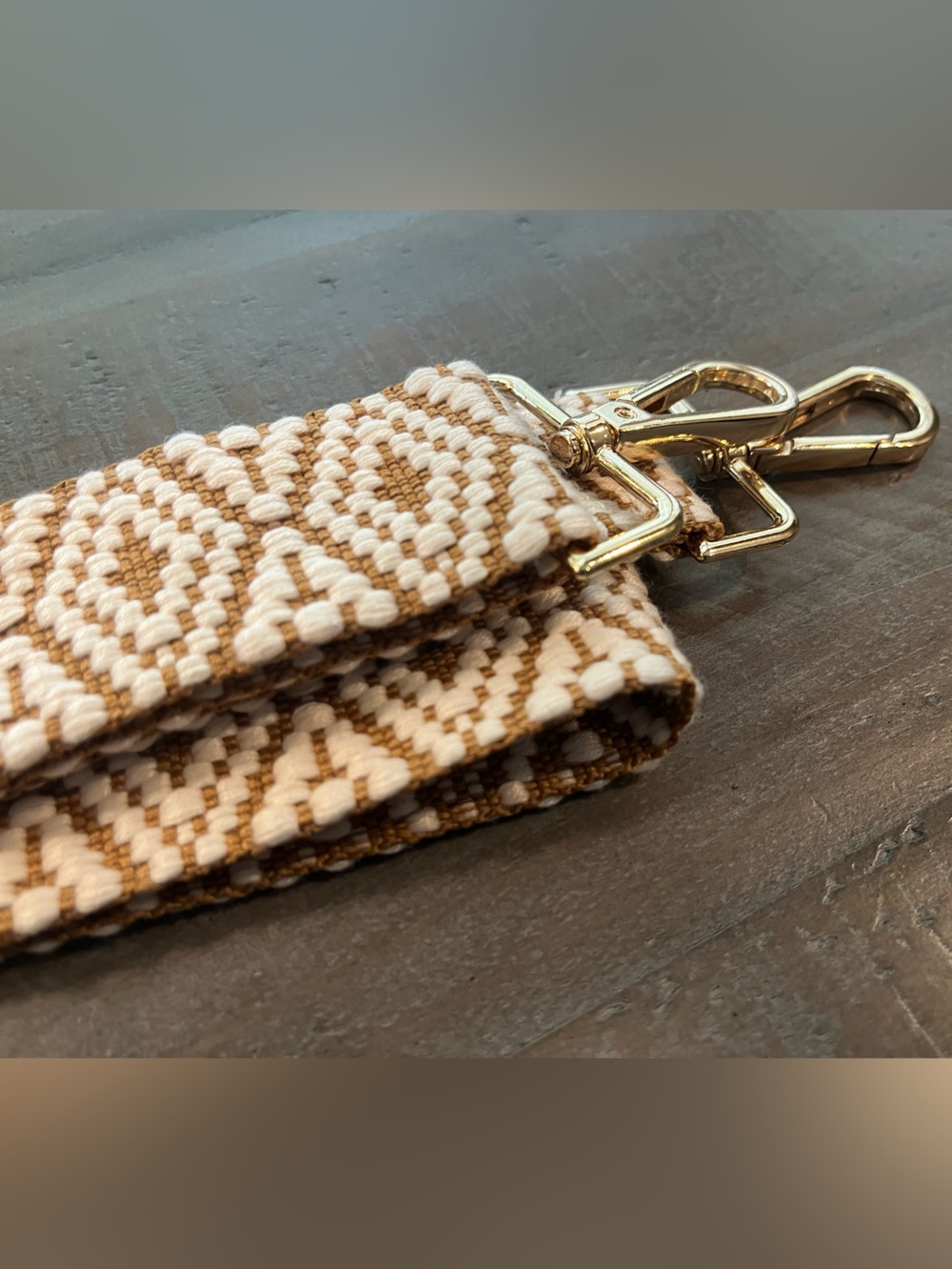 Neutral Geometric Woven Bag Strap with Gold Hardware